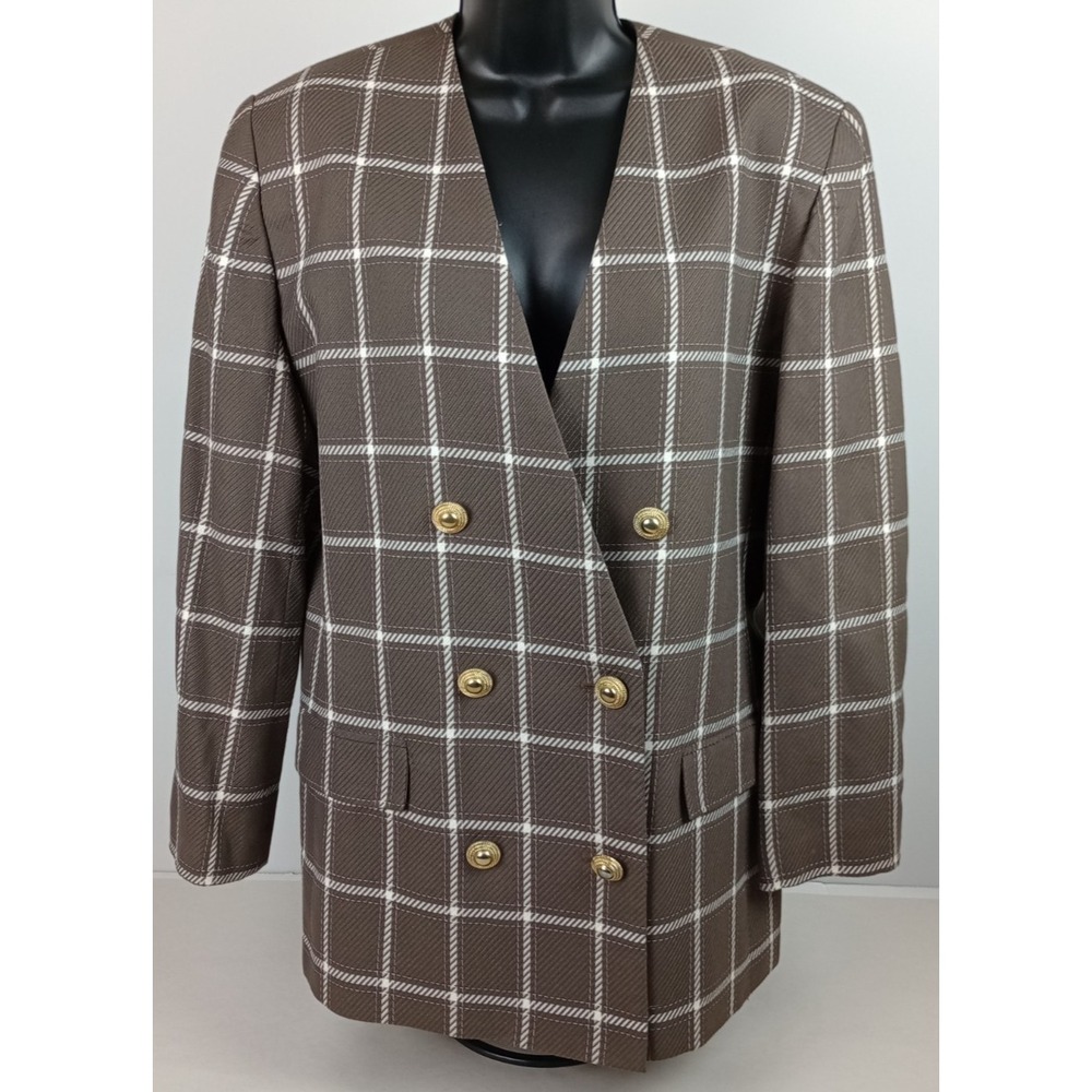 HBS LTD. Women's 14 Brown‎ White Plaid Blazer Jacket